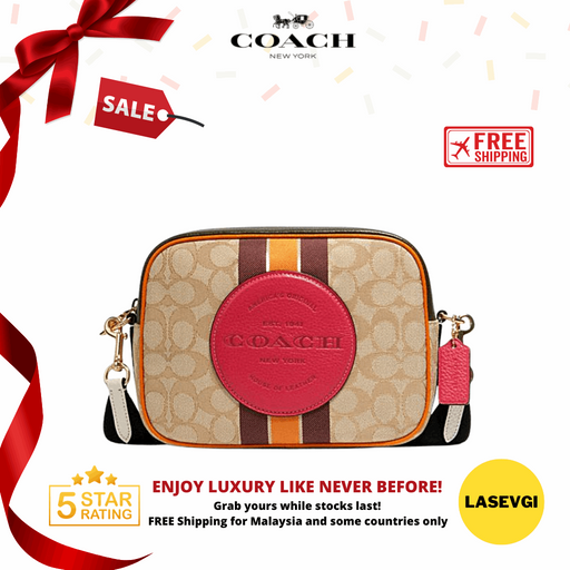 COACH Dempsey Camera Bag In Signature Jacquard With Stripe And Coach Patch-Light Khaki Electric Pink