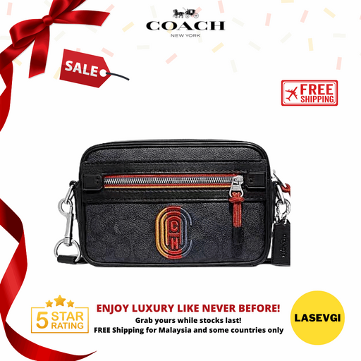 COACH Academy In Charcoal Signature Coated Canvas With Multicolor Coach Patch Men's Crossbody Bag-Charcoal
