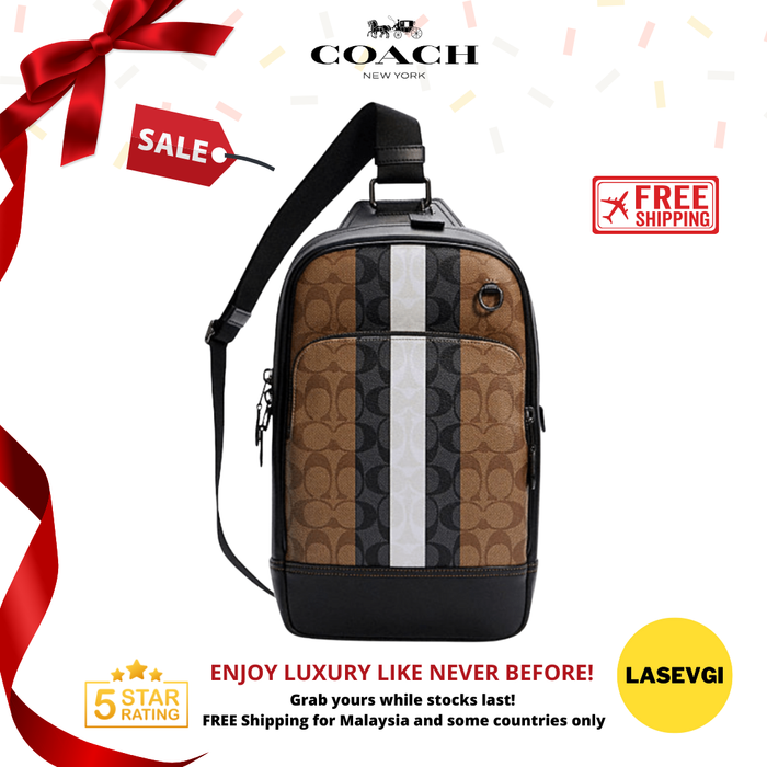 COACH Graham Pack in Colorblock Signature Canvas with Varsity Stripe Brown C3229