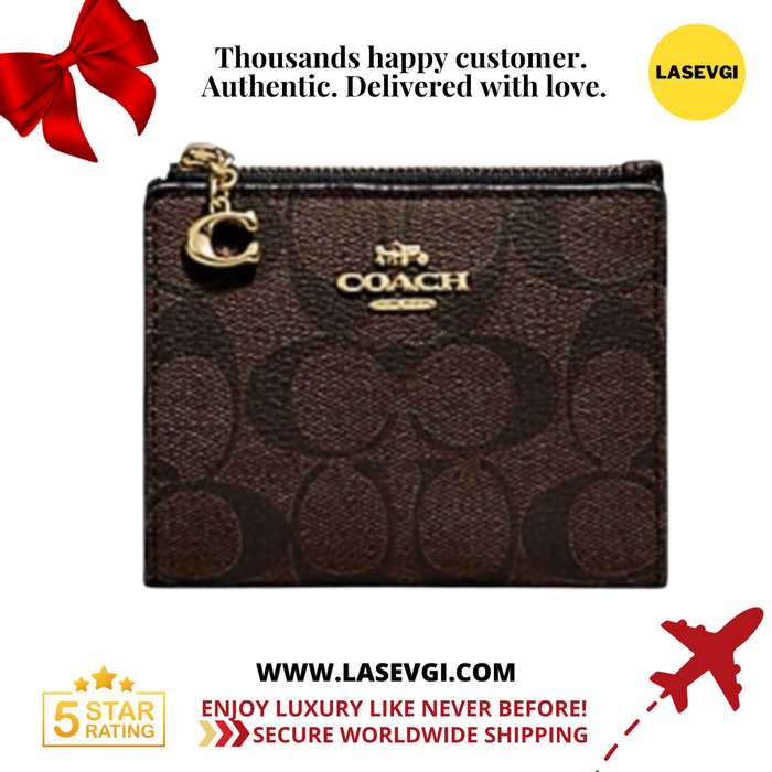 COACH Snap Card Case Wallet in Signature Canvas Brown Black F78002