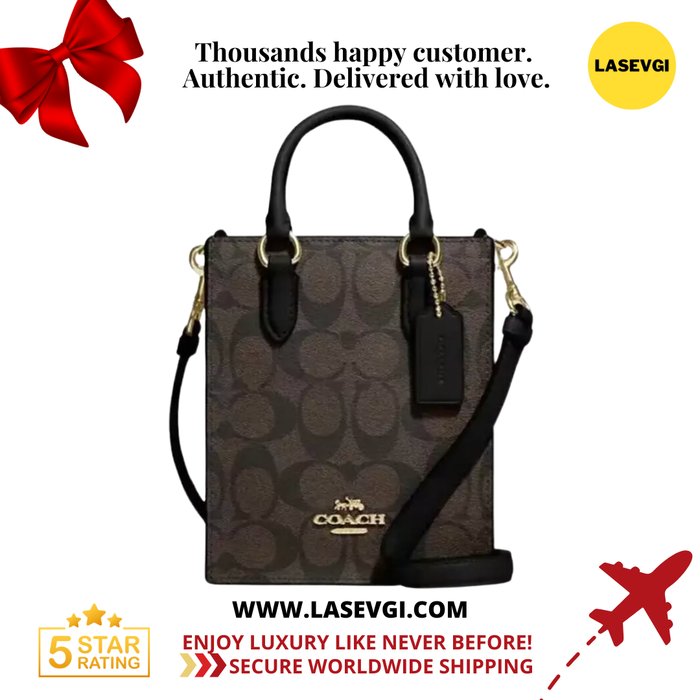 COACH North South Mini Tote in Signature Canvas Brown Black -  CJ494