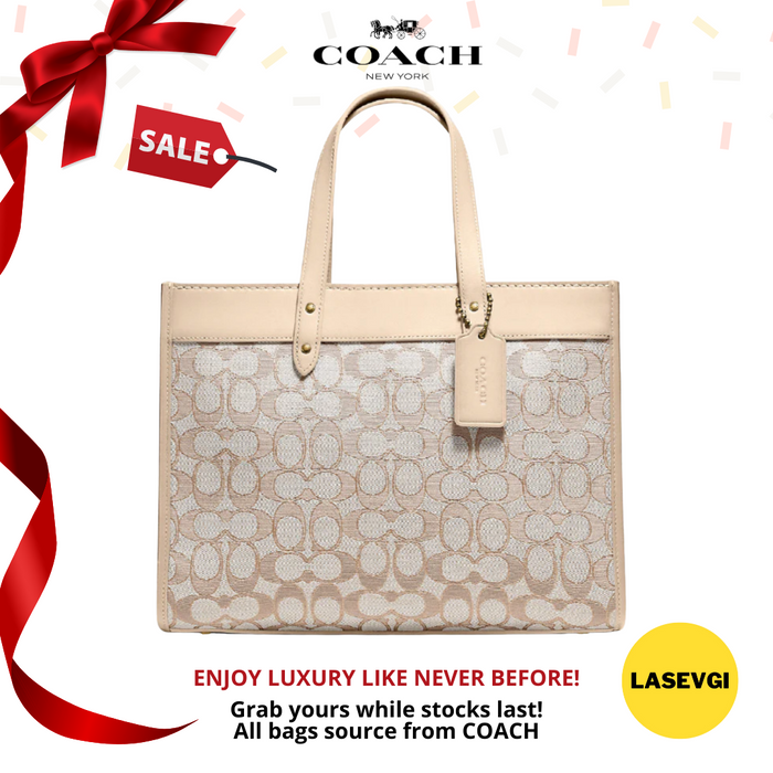 Coach Field Tote 30 In Signature Jacquard Brass/Stone Ivory C3282-www.lasevgi.com