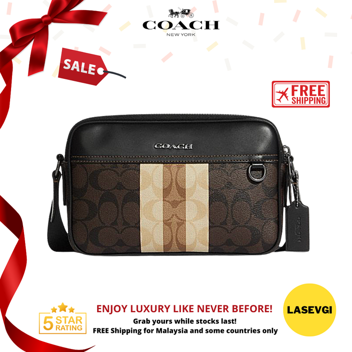 COACH Graham Crossbody in blocked signature canvas with Varsity stripe brown C9965