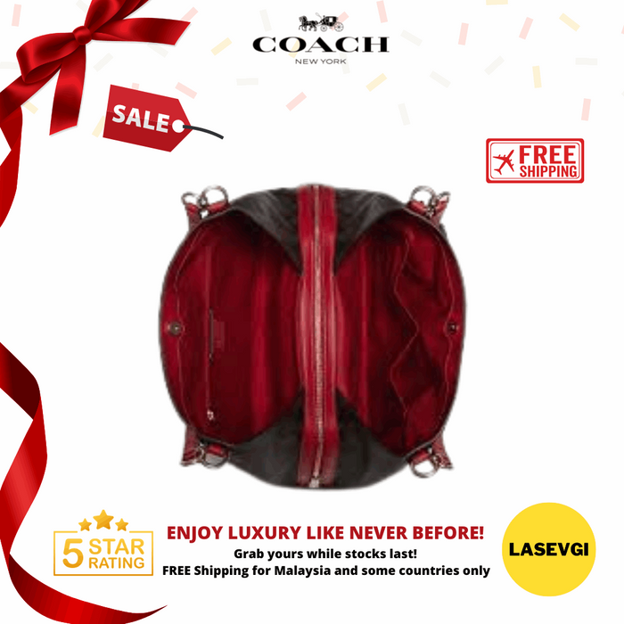 COACH Hallie Shoulder Bag Signature Canvas-Brown/True Red