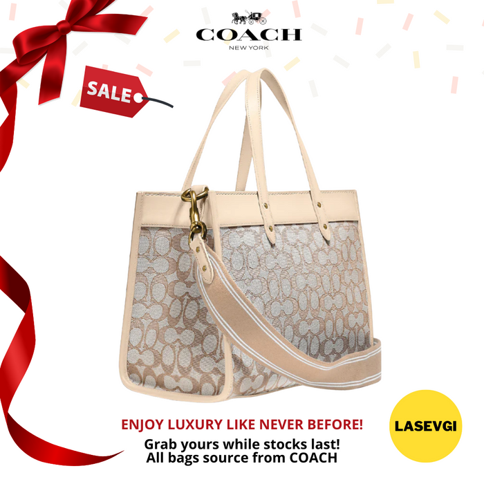 Coach Field Tote 30 In Signature Jacquard Brass/Stone Ivory C3282-www.lasevgi.com