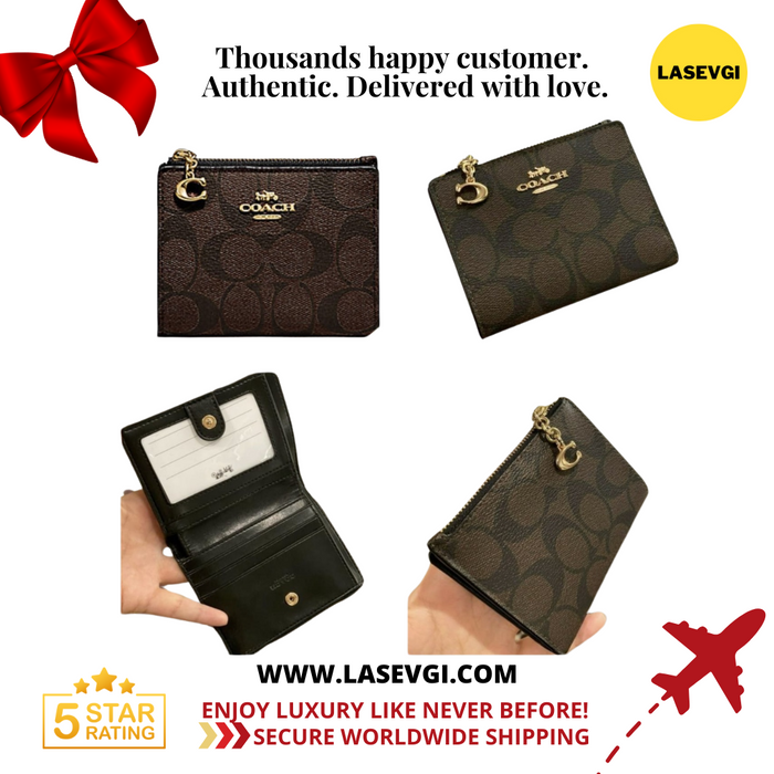 COACH Snap Card Case Wallet in Signature Canvas Brown Black F78002