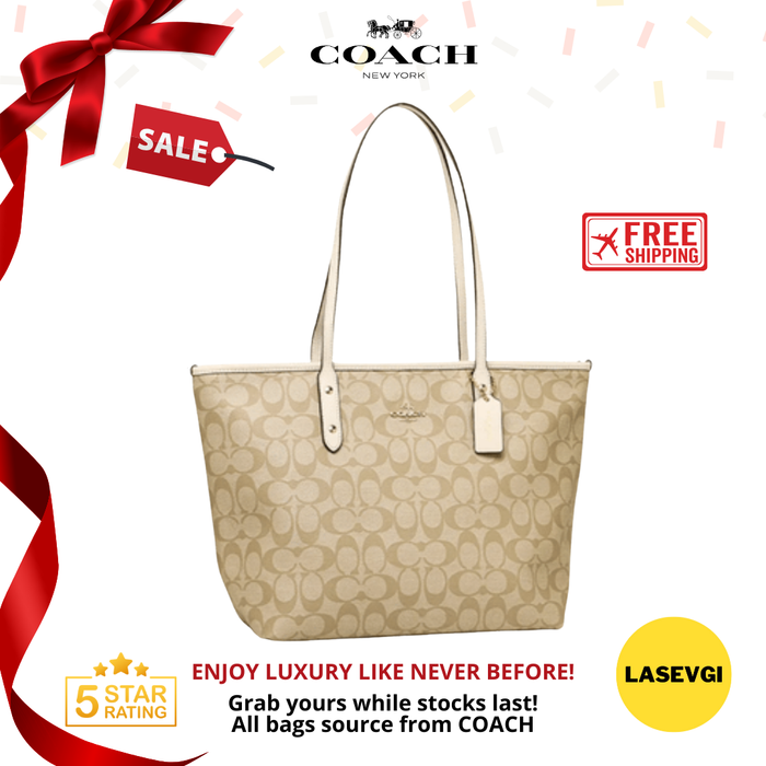 COACH City Zip Tote Signature Khaki Chalk F58292