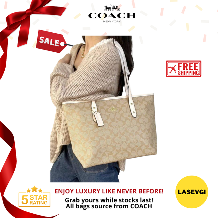 COACH City Zip Tote Signature Khaki Chalk F58292