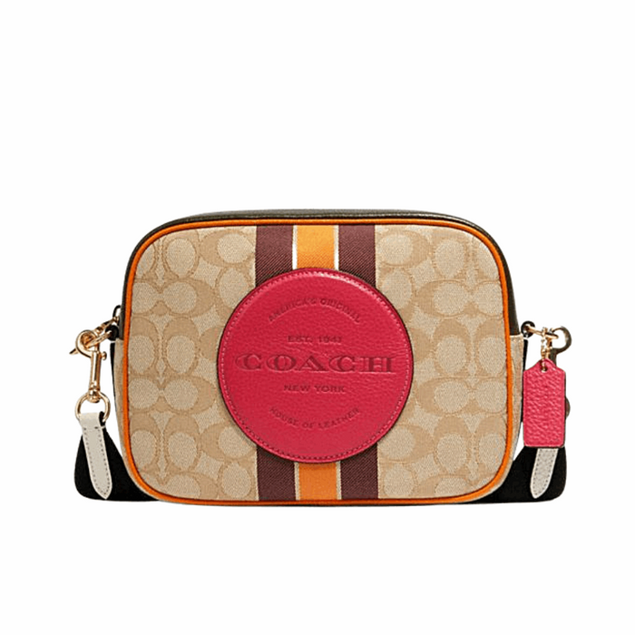 COACH Dempsey Camera Bag In Signature Jacquard With Stripe And Coach Patch-Light Khaki Electric Pink