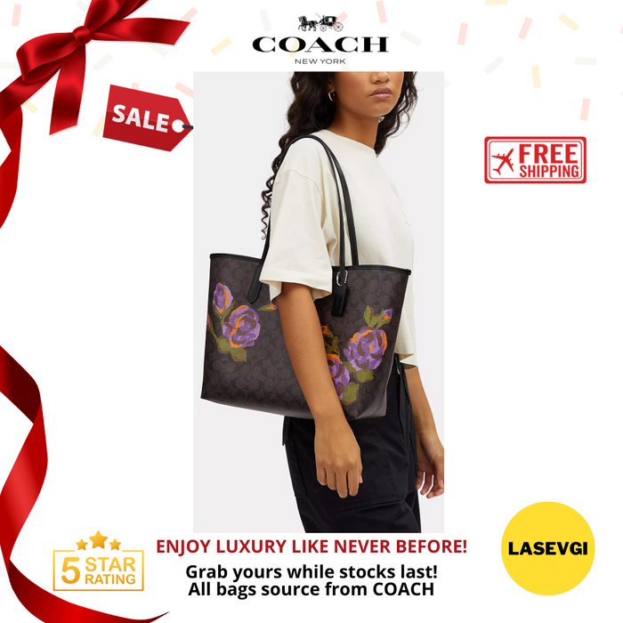 Coach City Tote In Signature Canvas With Rose Print CL420