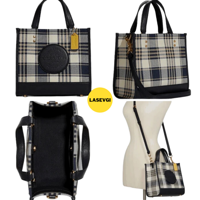 Coach Dempsey Tote 22 Garden Plaid Print Patch-Midnight Multi