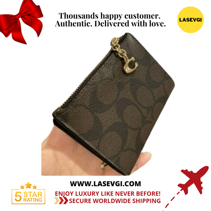 COACH Snap Card Case Wallet in Signature Canvas Brown Black F78002