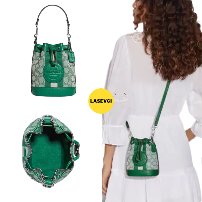COACH Mini Dempsey Bucket Bag In Signature Jacquard With Stripe And Coach Patch-Green C8322