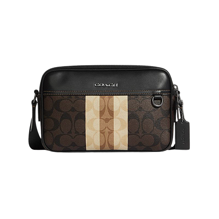 COACH Graham Crossbody in blocked signature canvas with Varsity stripe brown C9965