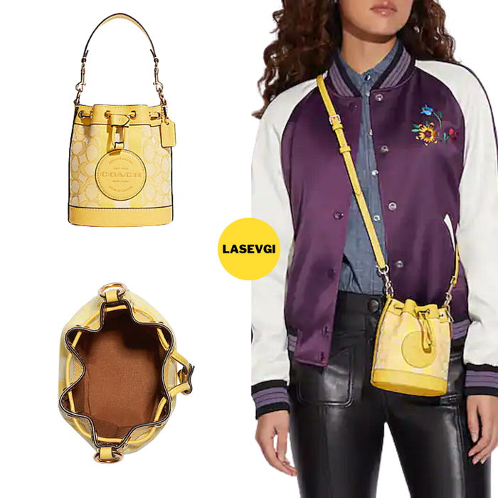 COACH Mini Dempsey Bucket Bag In Signature Jacquard With Stripe And Coach Patch-Gold/Retro Yellow C8322