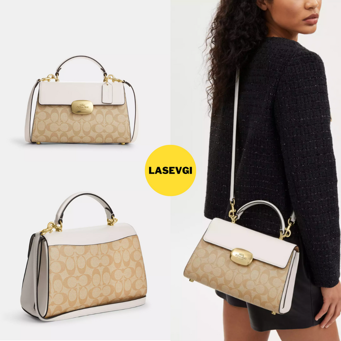 COACH Eliza Top Handle In Signature Canvas Gold/Light Khaki Chalk