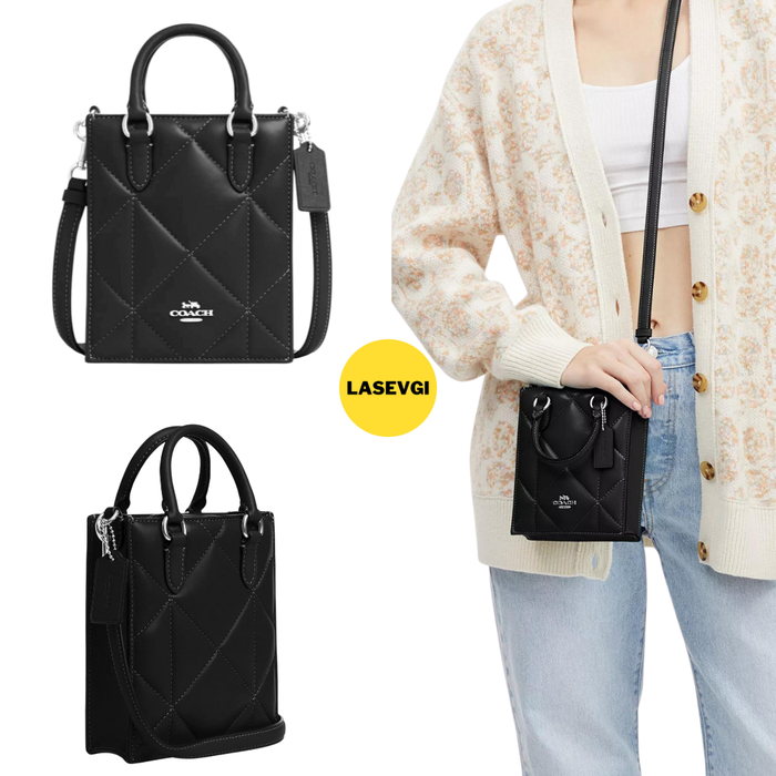 COACH North South Mini Tote with Puffy Diamond Quilting in Black CJ580