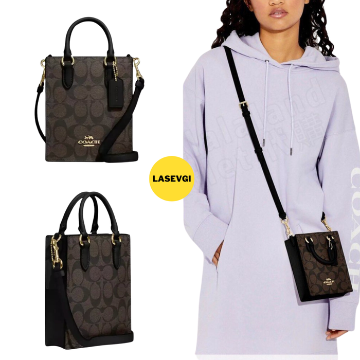 COACH North South Mini Tote in Signature Canvas Brown Black -  CJ494