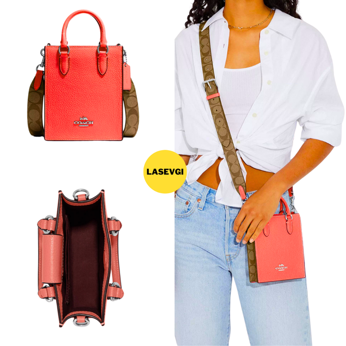 COACH North South Mini Tote in Signature Canvas with Khaki Tangerine CJ501