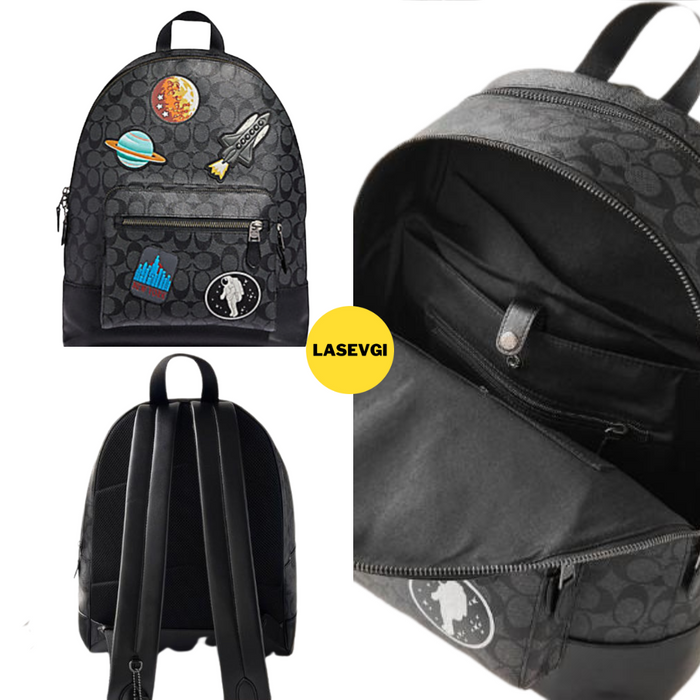 coach backpack with spaceship patches COACH West Backpack in Signature Canvas with space patches 29040 — www.lasevgi.com