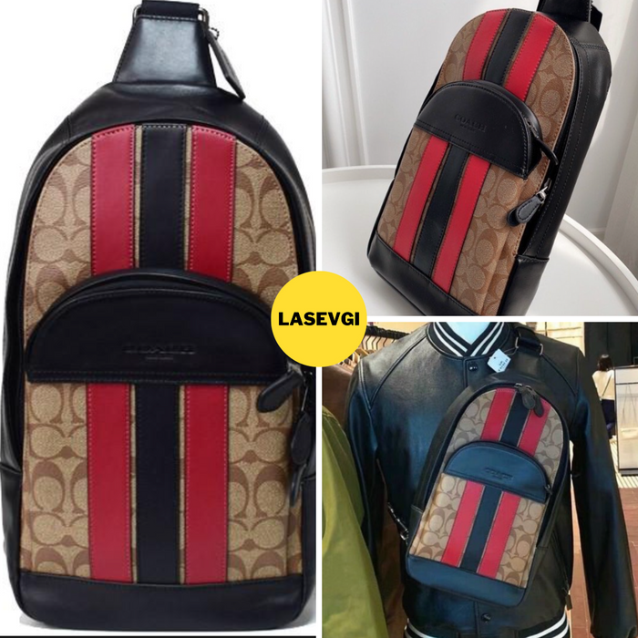 coach backpack men red COACH Houston Pack with Signature Canvas With Varsity Stripe in Red bl — www.lasevgi.com