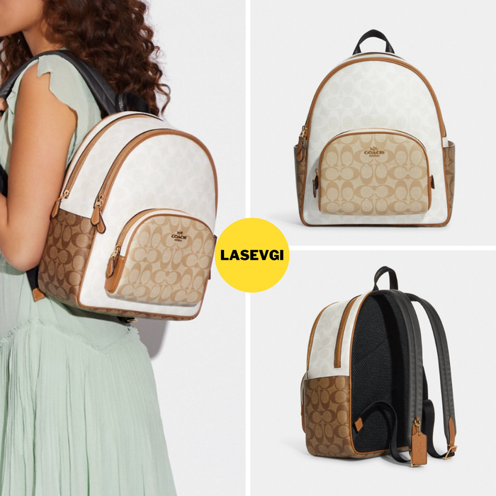 COACH Court Backpack In Blocked Signature Canvas in Chalk/Glacier White Multi (CA439)