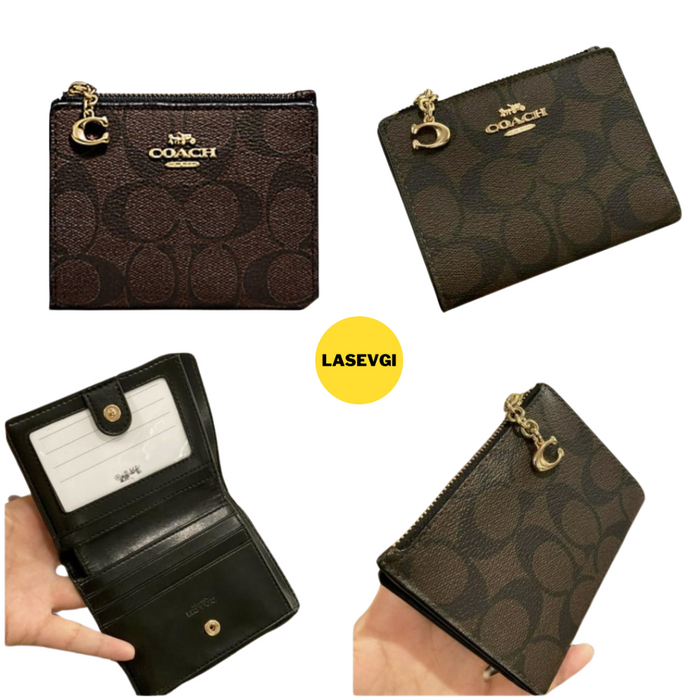 COACH Snap Card Case Wallet in Signature Canvas Brown Black F78002