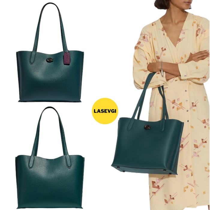 COACH Willow Tote With Signature Canvas Interior Forest Green C0690