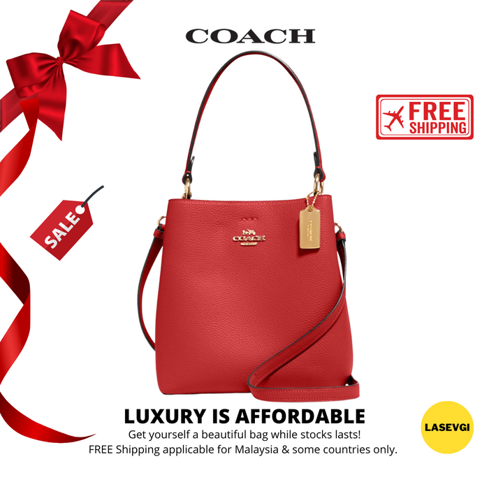 Coach 1011 Small Town Bucket Bag in Midnight / Oxblood Polished Pebble  Leather - Women's Shoulder Bag with Detachable Sling