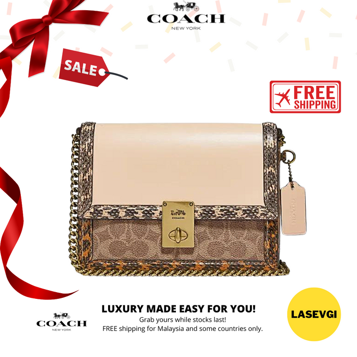 COACH Hutton Shoulder Bag In Blocked Signature Canvas With Snakeskin Detail-brass/Tan Sand