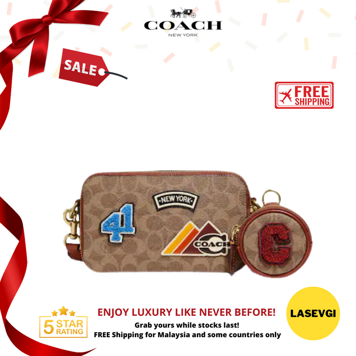 COACH Charter Slim Crossbody In Signature Canvas With Patches- Tan/Rust Multi