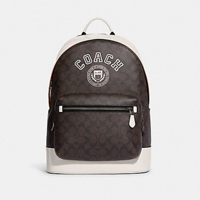 COACH West Backpack in Signature Canvas with Varsity Motif - White CB909
