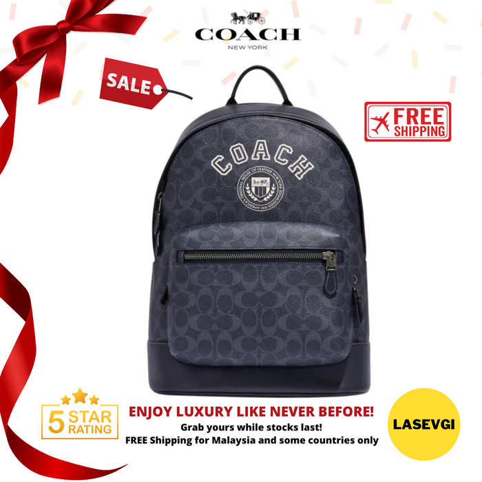 COACH West Backpack in Signature Canvas with Varsity Motif - Blue CB909
