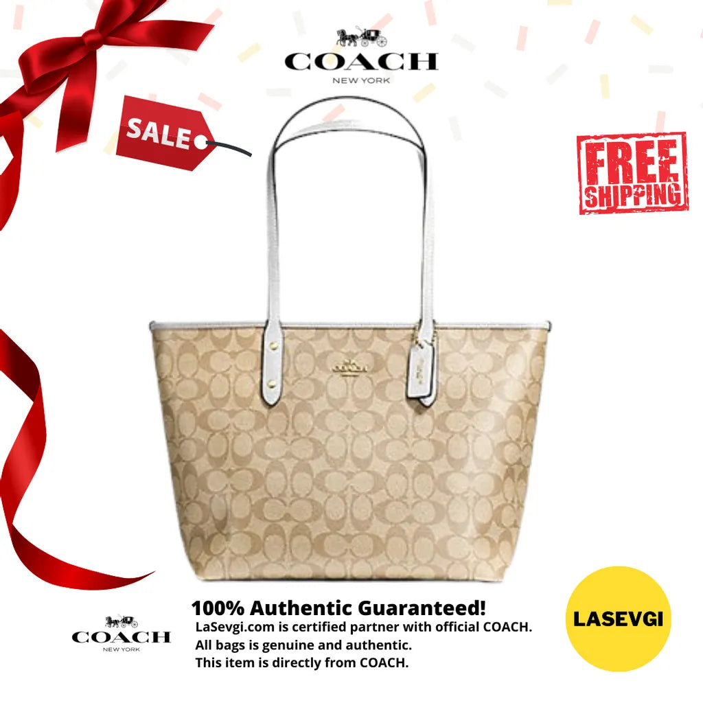 COACH City Zip Tote Signature Khaki Chalk F58292 www.lasevgi