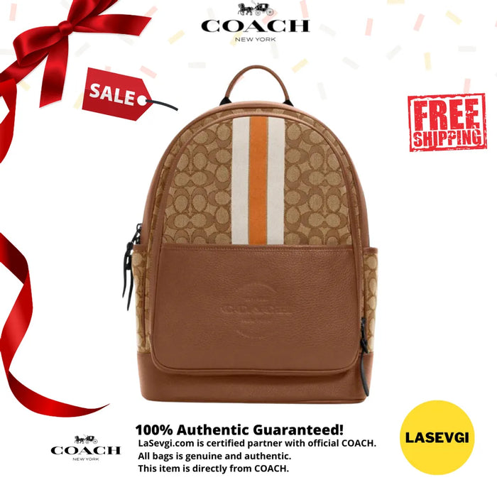 COACH Thompson Backpack In Signature Jacquard With Varsity Stripe Brown