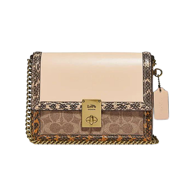 COACH Hutton Shoulder Bag In Blocked Signature Canvas With Snakeskin Detail-brass/Tan Sand